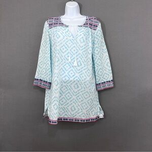 J. McLaughlin Blue Print Embroidered Tie Neck Tunic Top